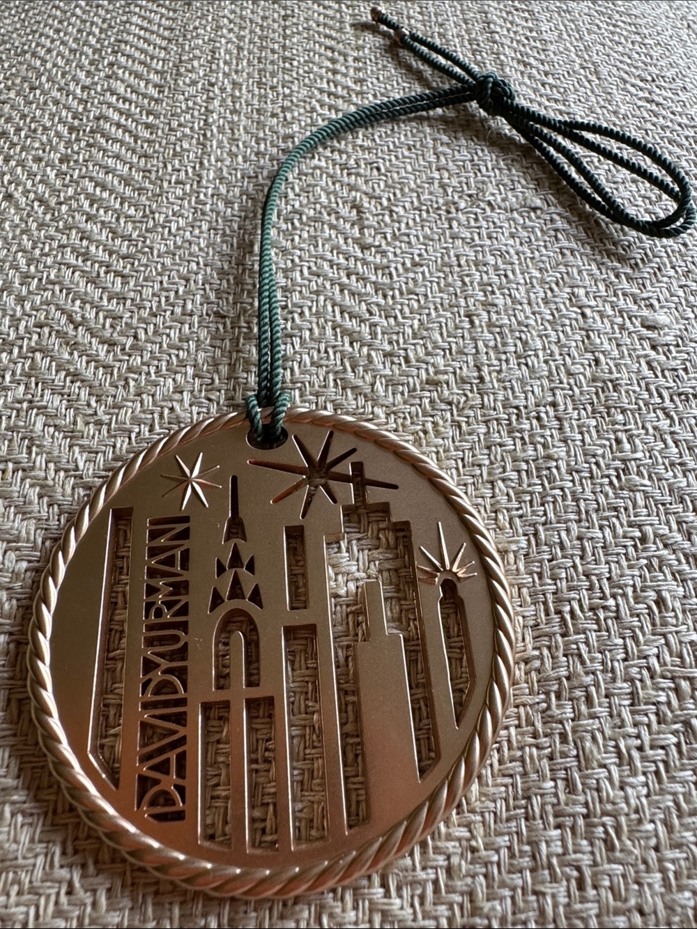 David Yurman Gold Round Ornament with Green Cord